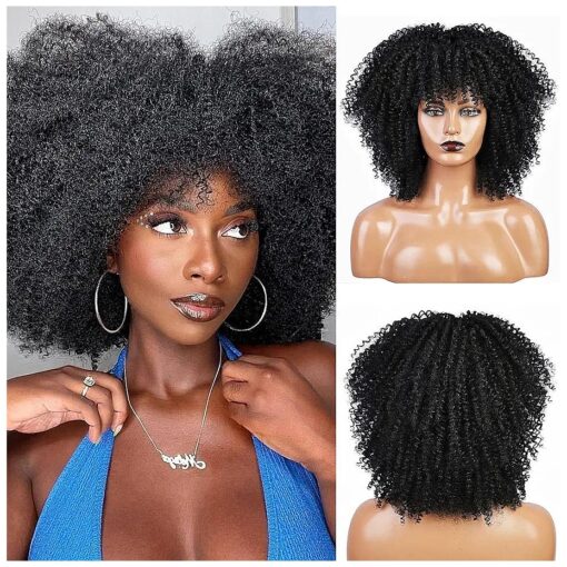 Short Curly Afro Wigs With Bangs for Black Women Kinky Curly Hair Wig Afro Synthetic Heat Resistant Full Wigs for Daily Use 14 Inch