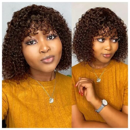 Short Bob Curly Human Hair Wigs with Bangs Chocolate Brown Colored Wear and Go None Lace Front Human Hair Wigs for Black Women 180 % Density Pixie Cut Kinky Curly Fringe Bang Wig Human Hair 14 inch