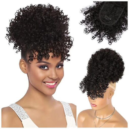 ENTRANCED STYLES Drawstring Ponytail with Bangs Afro Puff Ponytail Hair Extensions for Black Women Short Kinky Curly Puff Ponytail with Bangs Curly Clip in Wrap Updo Hairpiece