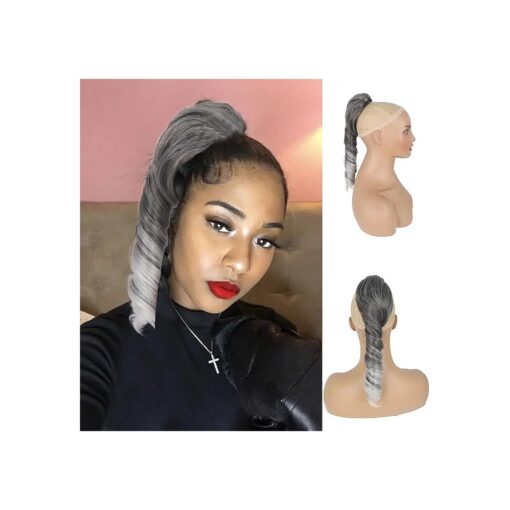 Salt and Pepper Ponytails Extension Drawstring Ponytail for Black Women, Short Curly Ponytails Silver Gray Ponytail Sleek Fake Ponytail Clip in on Hair Pieces for Black Women For Girls 14inch