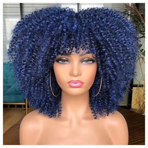 RunM Short Curly Afro Wig With Bangs for Black Women Kinky Curly Hair Wig Afro Synthetic Full Wigs ( Blue )