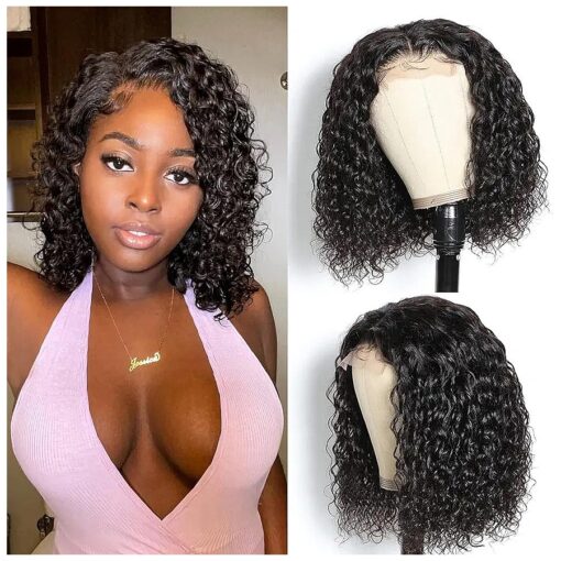 Bob Wigs Human Hair Wet and Wave Lace Front Short Curly Wigs for Black Women Water Wave 4x4 Closure Wigs Human Hair with Baby Hair 150 % Density Natural Color 10Inch