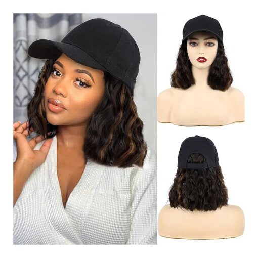 Short Wave Baseball Cap Wig with Curly Hair Extension Synthetic Wave Wig Hat for Women Adjustable Brown Black Baseball Hat Wig ( 4H30 # )