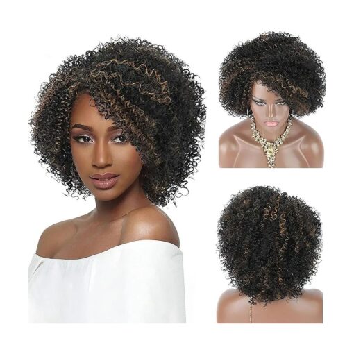 Kalyss Short Afro Kinky Curly Wigs for Black Women Premium Synthetic Hair Wigs with Hair Bangs 150 % Density Bouncy and Full Natural Looking Hair Replacement Wig ( black highlights )