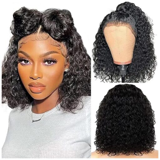 Curly Bob Wig Human Hair Deep Wave 13x4 HD Lace Front Wigs Human Hair Pre Plucked with Baby Hair 180 % Density Curly Bob Wig Glueless Wigs Human Hair Natural Hairline 12 Inch ( 12 inch, Natural Black )