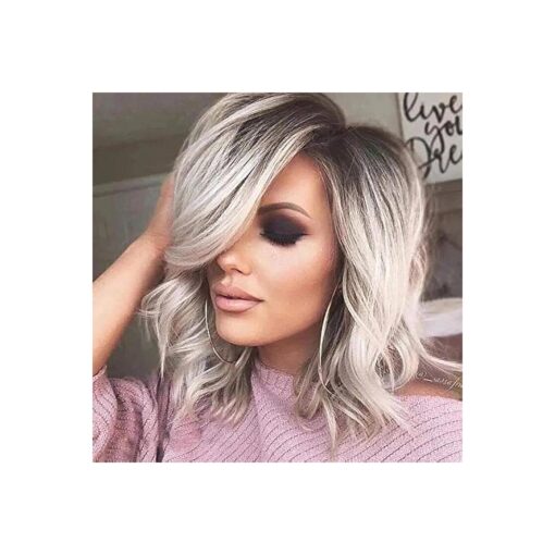 SEVENCOLORS Short Grey Wavy Wigs for White Women Ombre Silver Bob Wig with Dark Roots Synthetic Hair Natural Looking Gray White Wigs