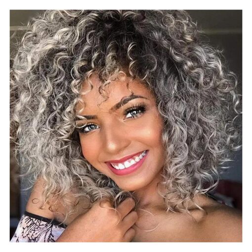 Xinran Curly Afro Grey Wigs for Black Women, Short Grey Curly Afro Wig with Bangs, Synthetic Omber Gray Curly Full Wig 14 inch