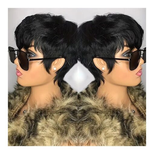 Rofa Short Human Hair Wigs with Bangs Short Layered Pixie Wigs for Black Women Short Bob Wig Human Hair Full Machine Made Wigs 1B Color