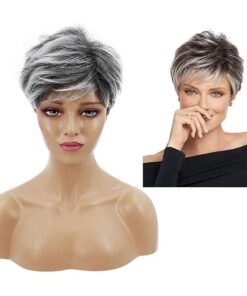 Short Pixie Cut Wig with Bangs Black Roots to White Grey Short Layered Curly Hair Synthetic Wig for Women