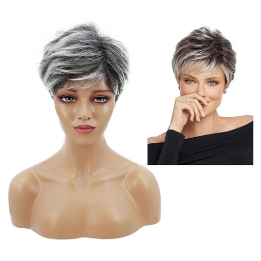 Short Pixie Cut Wig with Bangs Black Roots to White Grey Short Layered Curly Hair Synthetic Wig for Women