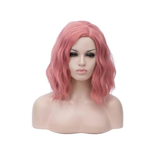 Short Bob Wavy Curly Wig Light-Pink Wig For Women Cosplay Halloween Wigs Heat Resistant Bob Party Wig Include Wig Cap ( Light-Pink )