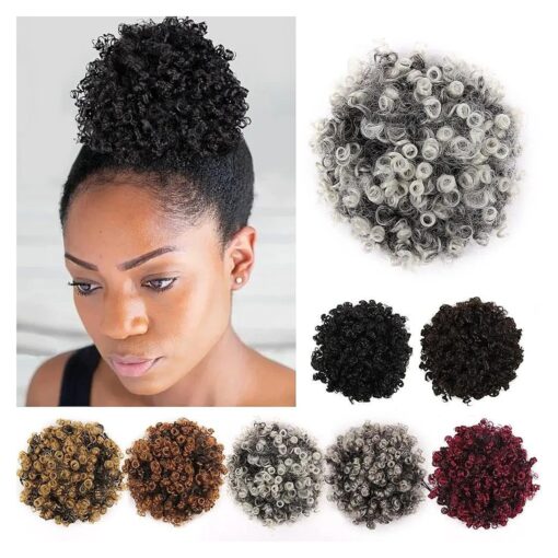 Curly Wavy Afro Puff Drawstring Ponytail Hair Extension for Black Women Loose Wave Short Mini Afro Puff Hairpieces for Girls Kids ( Black Silver Gray )