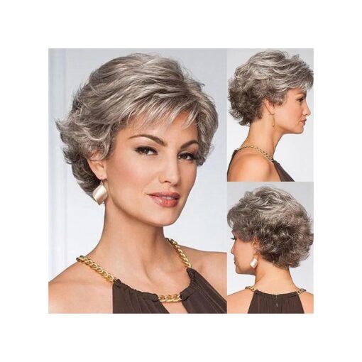 SEVENCOLORS Gray Wigs for Women Short Dark Grey Pixie Cut Wigs Natural Looking Synthetic Hair Wigs with Bangs Short Curly Mixed Silver Wigs for Older Lady