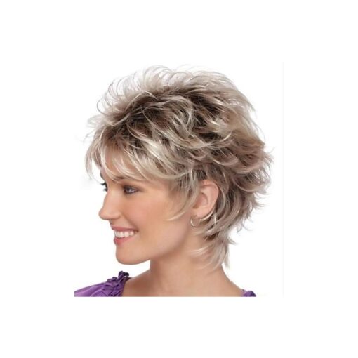 Short Ombre Blonde Layered Wig Pixie Cut Wig with Bangs for Women, Ombre Brown Mixed Blonde Pixie Cut Layered Wig Synthetic Wavy Curly Fluffy Layered Wig Highlight Brown Wig for White Women