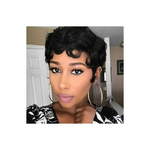 Short Human Hair Wigs for Black Women Pixie Wigs Short Curly Black Full Machine Made Glueless Wig 100 % Real Human Hair