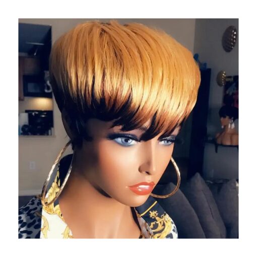 Pixie Cut Wig Human Hair Short Wigs for Black Women Pixie Wig with Bangs Glueless Non Lace Front Wig Pixie Cut Short Blonde Wavy Wigs Layered Short Pixie Human Hair Wigs Cute Daily Wear Wig