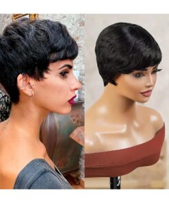 Short Human Hair Wigs Pixie Cut Wigs for Black Women Short Pixie Hairstyles Layered Wavy Non Lace Front Wigs - JET ( NATURAL )