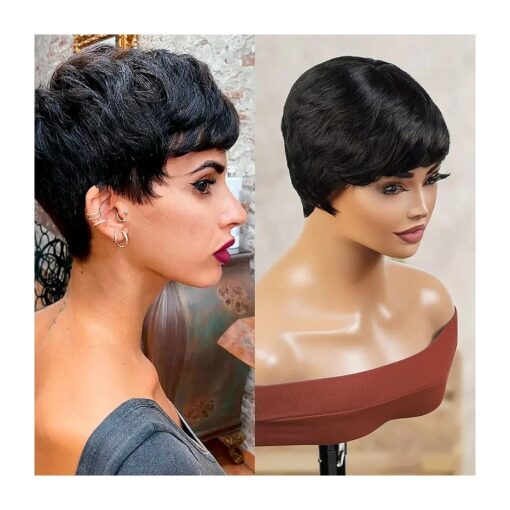 Short Human Hair Wigs Pixie Cut Wigs for Black Women Short Pixie Hairstyles Layered Wavy Non Lace Front Wigs - JET ( NATURAL )