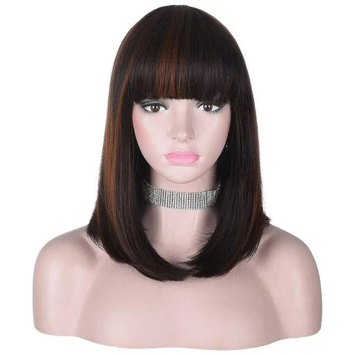 15 Inch Short Straight Brown Highlights Bob Wig with Bangs | Natural Heat Resistant Synthetic Hair for Women Daily Wear