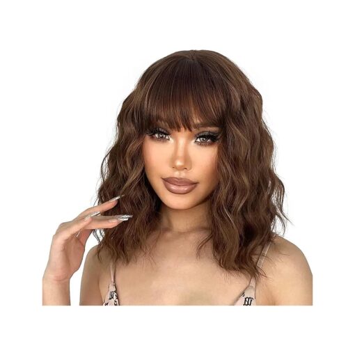 Brown Wig with Bangs for Women Short Natural Wavy Light Brown Wigs for Women Synthetic Brown Curly Bob Wig for Daily Use