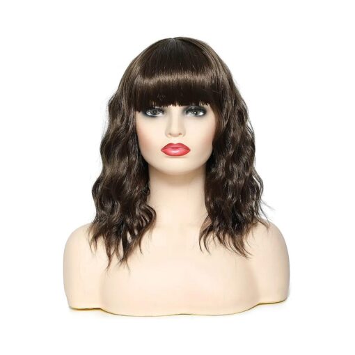 Wavy Wigs with Bangs Short Curly Bob Wigs for Women Shoulder Medium Length Wigs Mixed Light Brown Synthetic Cosplay Wigs 14 Inch for White Women ( 6/8 )