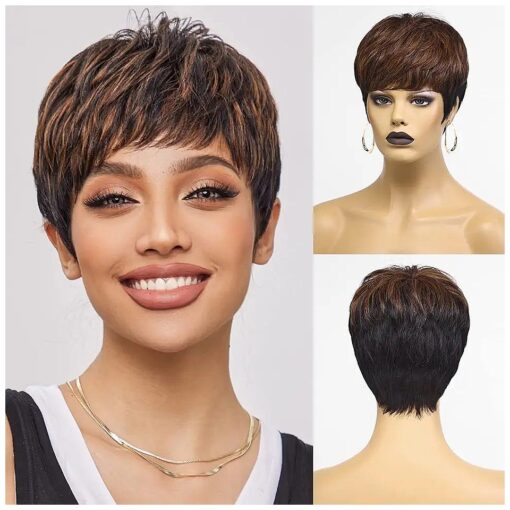 HAIRCUBE Pixie Cut Wigs Black mix Brown for Women Pixie Cut Human Hair Wigs Short Remy Hair Black with Brown Color Short Black Layered Wavy Wigs ( pixie cut wig, black with brown )