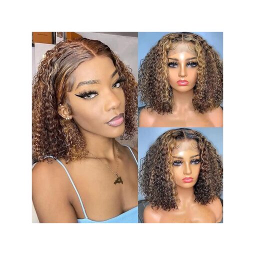 Highlight Bob Wig Human Hair 4x4 Lace Closure Wig Ombre Honey Blonde Short Curly Bob Wig Human Hair Curly Wave Hd Lace Front Wig For Black Women 180 % Density Pre Plucked With Baby Hair 10inch