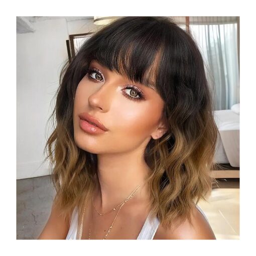 Nnzes Short Wavy Wig with Bangs for Women Shoulder Length Bob Curly Women 's Charming Synthetic Wigs with Natural Wavy Black To Brown Heat Resistant Hair for Daily Party Use