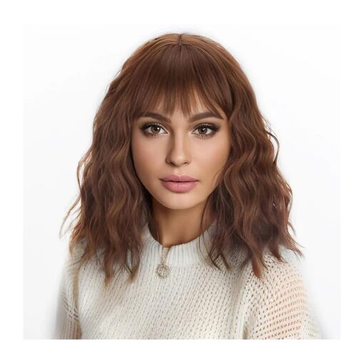 Short Brown Wig with Bangs Short Curly Wavy Bob Wig for Women Natural Looking Shoulder Length Brown Wavy Curly Synthetic Wig for Daily and Party Wear