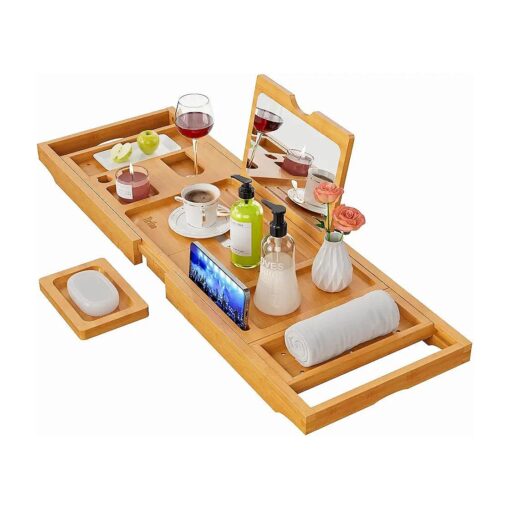 Yirilan Luxury Bathtub Tray Caddy - Expandable Bath Tray with Mirror - Unique House Warming Gifts-Bamboo