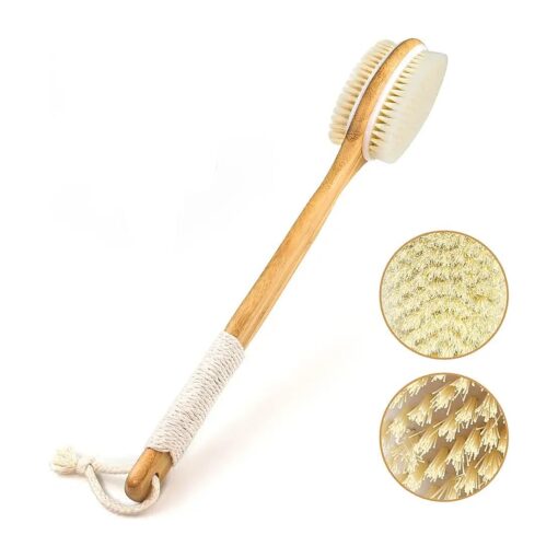 Shower Brush, Long Handle Wooden Shower Back Brush with Soft and Stiff Bristles Dual Sided Non Slip Back Scrubber Bath Body Exfoliator Brush for Wet or Dry Brushing with Sticky Hook