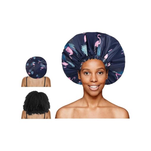 Shower Cap, Large Adjustable & Reusable, Double-Layer for Dreadlocks, Waterproof Bath Cap for Women, Girls, Braids, SPA, Long Hair ( flamingo )