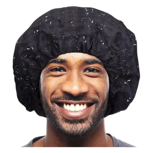 Shower Cap for Men Black Bath Cap, Reversible Large Waterproof Adjustable Shower Caps Terry Lining & Elastic Band Stretch Hem Hair Hat