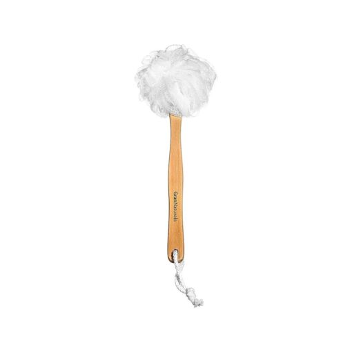 Shower Loofah on a Stick Body & Back Scrubber - Long Handled Mesh Bath Sponge Pouf Luffa Brush on a Stick with a Wood Handle for Men & Women - Easy Reach Body Wash & Lotion Applicator