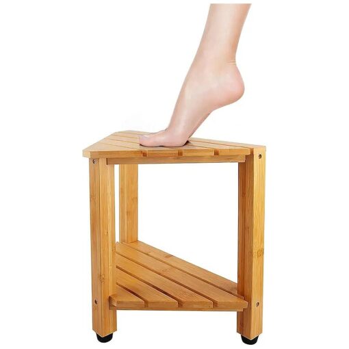 Shower Foot Rest 13 in, Bamboo Shower Stool for Shaving Legs, Corner Bath Shower Bench with Starage Shelf for Inside Small Shower Spaces - Water Resistant