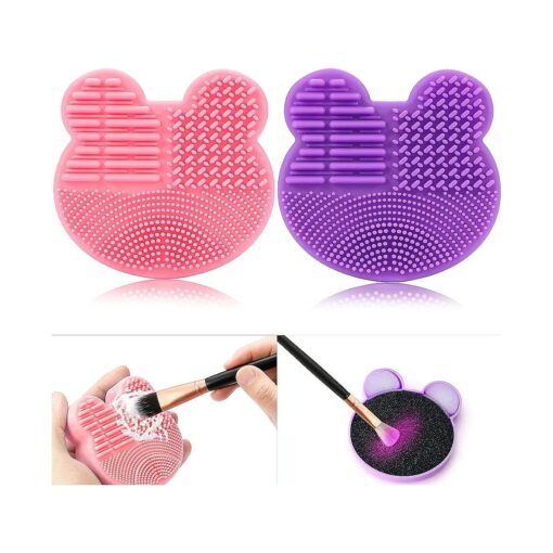 TailaiMei 2 Pack Makeup Brush Cleaning Mat with Color Removal Sponge, 2 in 1 Design Silicone Cleaner Pad for Dry Brush Color Switch and Wet Cleaning ( Pink & Purple )