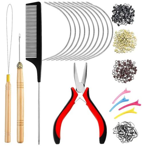 Chuangdi Sew in Hair Extension Tool Kit, 600 Silicone Lined Micro Ring Beads 1 Pliers 2 Hook Needle Pulling Loop 10 Curved Hair Needle 4 Alligator Hair Clips 1 Comb 100 Black Mini Rubber Band