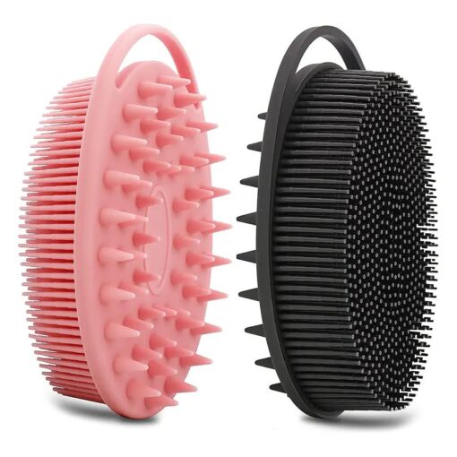 2 Pack Silicone Body Scrubber, Silicone Loofah Double-Sided Body Brush, Silicone Shower Scrubber and Scalp Massager Shampoo Brush for Sensitive Kids Women Men All Kinds of Skin ( Black & Pink )