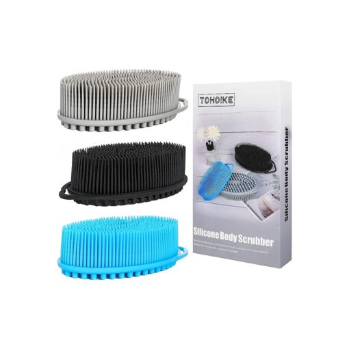 Silicone Loofah Exfoliating Body Scrubber Set of 3 Soft Bath Sponge/Shower Brush for Sensitive Kids Women Men All Kinds of Skin ( Black/Gray/Blue )