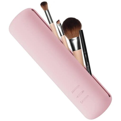 FVION Travel Makeup Brush Holder, Silicone Brush Holder Travel Case, Make Up Brush Pouch with Magnetic Closure, Makeup Brush Covers - Pink