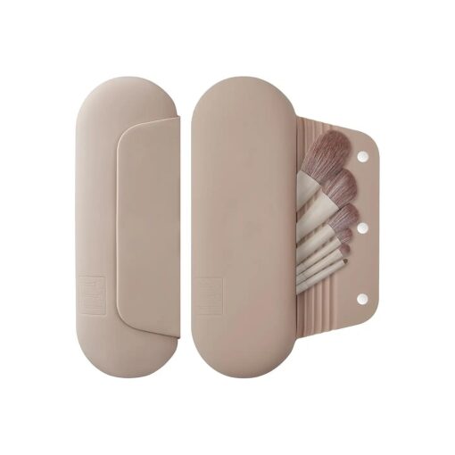 Silicone Makeup Brush Holder Travel Cosmetic Bag : Soft Portable Cosmetic Face Brushes Holder with Upgrade Anti-Fall Out Magnetic Closure, Large Travel Makeup Brush Case - Walnut