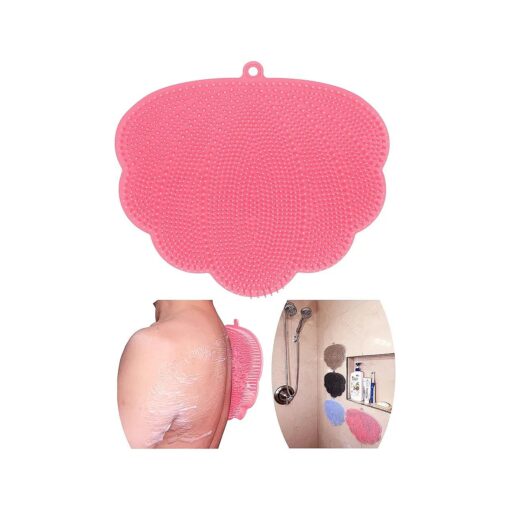 OurBSHF Back Scrubber Hands-Free for Shower, Easy to Clean Big Flat Silicone Back Washer Foot Massager Body Brush Replace Loofah Sponge, Stick to Wall to Scrub, Hang on Hook to Dry ( Pink )