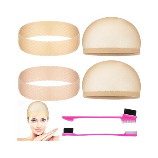 Chuangdi 4 Pieces Silicone Wig Grip Band and Stretchy Nylon Wig Caps for women, Non Slip Silicone Headband for Wigs with 2 Brush for Women Sport Yoga