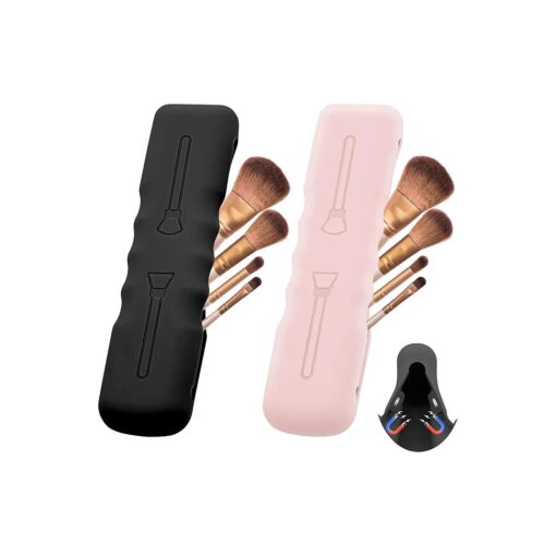 2Pack Makeup Brush Holder Silicone, Travel Makeup Brush Case Bag Organizer Cute Soft Portable Cosmetic Brushes Holders, Waterproof Makeup Brushes Covers for Traveling with Magnetic Closure-Pink, Black