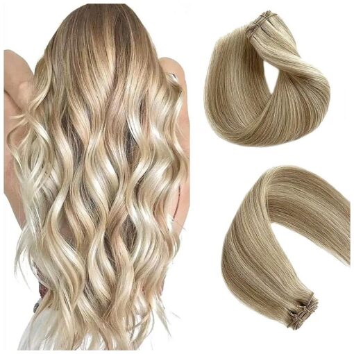 Sew in Weft Hair Extensions Bayalage Colored Beige Blonde with Platinum Blonde Highlights Hair Extensions Sew in Human Hair Bundles Double Weft Silky Straight Sew in Remy Hair Full Head 20inch 100g