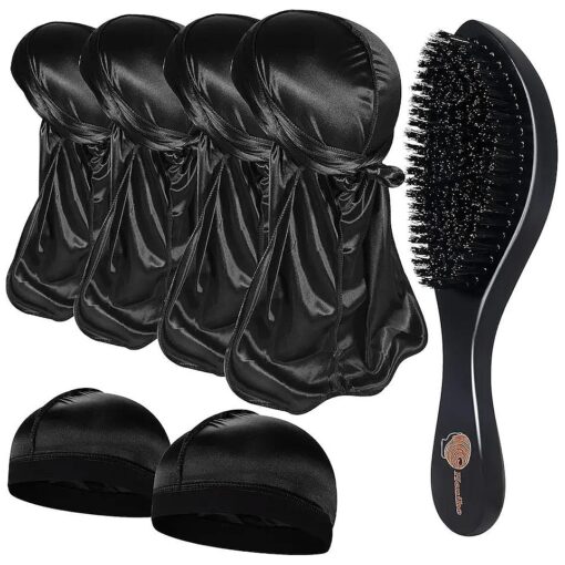 4+2 Silky Durags with Wave Brush for Men 360, Curved Medium/Hard Hair Brush Kits, C