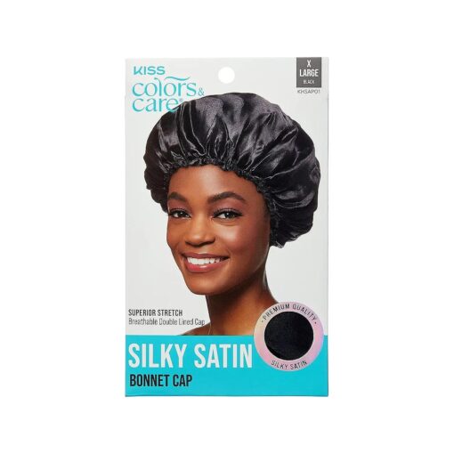 KISS COLORS & CARE Silky Satin Bonnet Cap, XL, Protective, Gentle Fabric & Slip-Free Elastic Band, For Most Hair Types - Overnight Wear, Breathable, Stylish Sleep Cap, Black