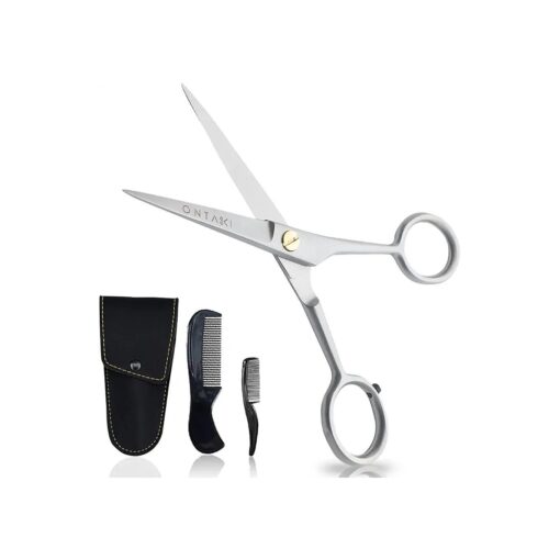 5" German Beard Scissors & Mustache Scissors - 2 Combs ( Beard Comb + Mustache Comb ) with Carrying Pouch - Hand Forged Beard Trimming Scissors with Finger Rest ( Silver ( 410C German Steel ) )