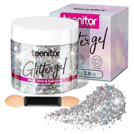 Teenitor Body Glitter, Silver Glitter, Body Glitter Gel, Hair Glitter, Face Glitter, Silver Glitter Gel for Face, Makeup, Hair, Eye Holographic Chunky Makeup Glitter