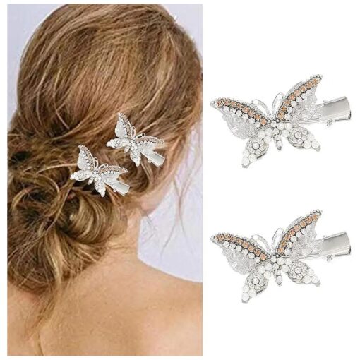 Bartosi Rhinestone Butterfly Hair Accessories Silver Crystal Decorative Alligator Hair Clips Pearl Pins ( Pack of 2 )